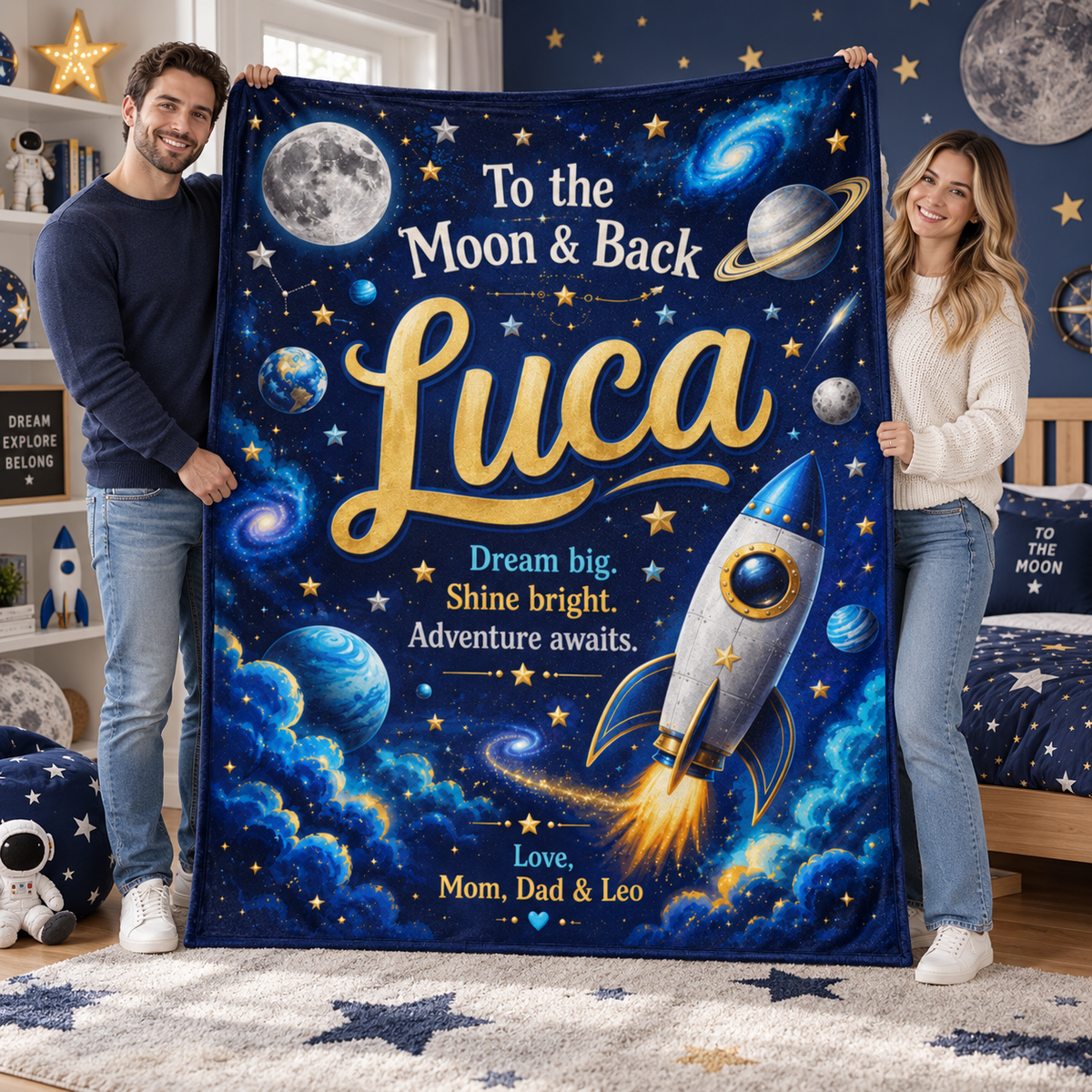 To the Moon & Back Personalized Space Adventure Blanket for Boys