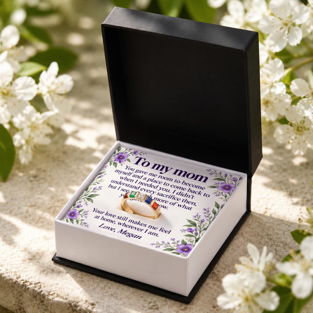 To My Mom Personalized Birthstone Ring – Floral Message Card Gift