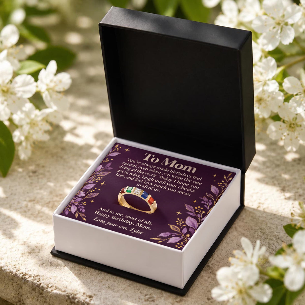 Birthday Birthstone Ring for Mom – Personalized Message Card Gift