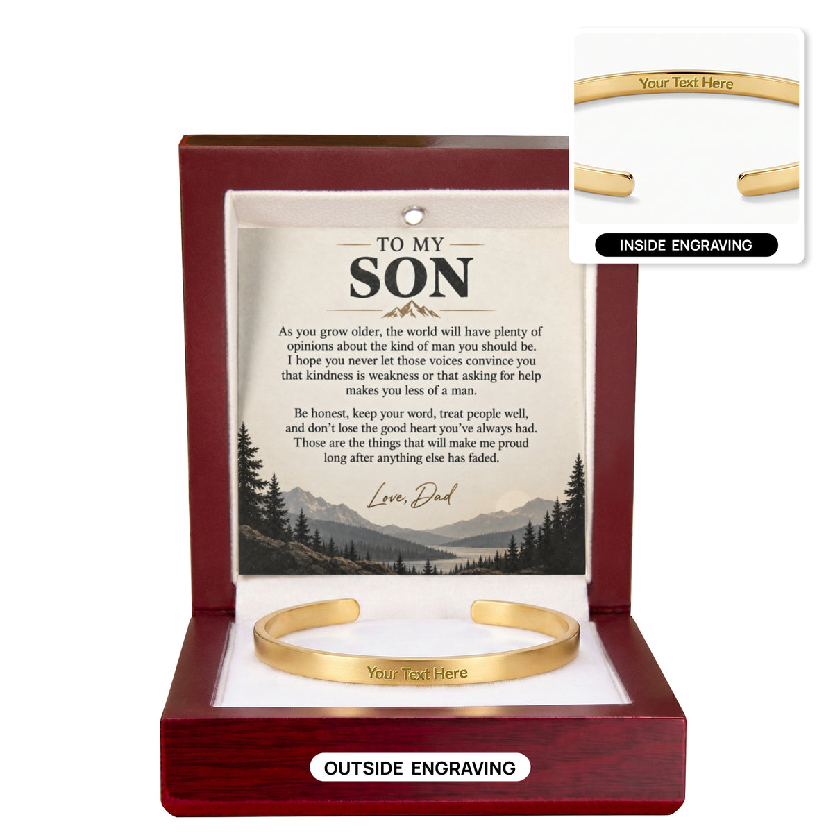 Personalized cuff bracelet with custom engraving and gift box