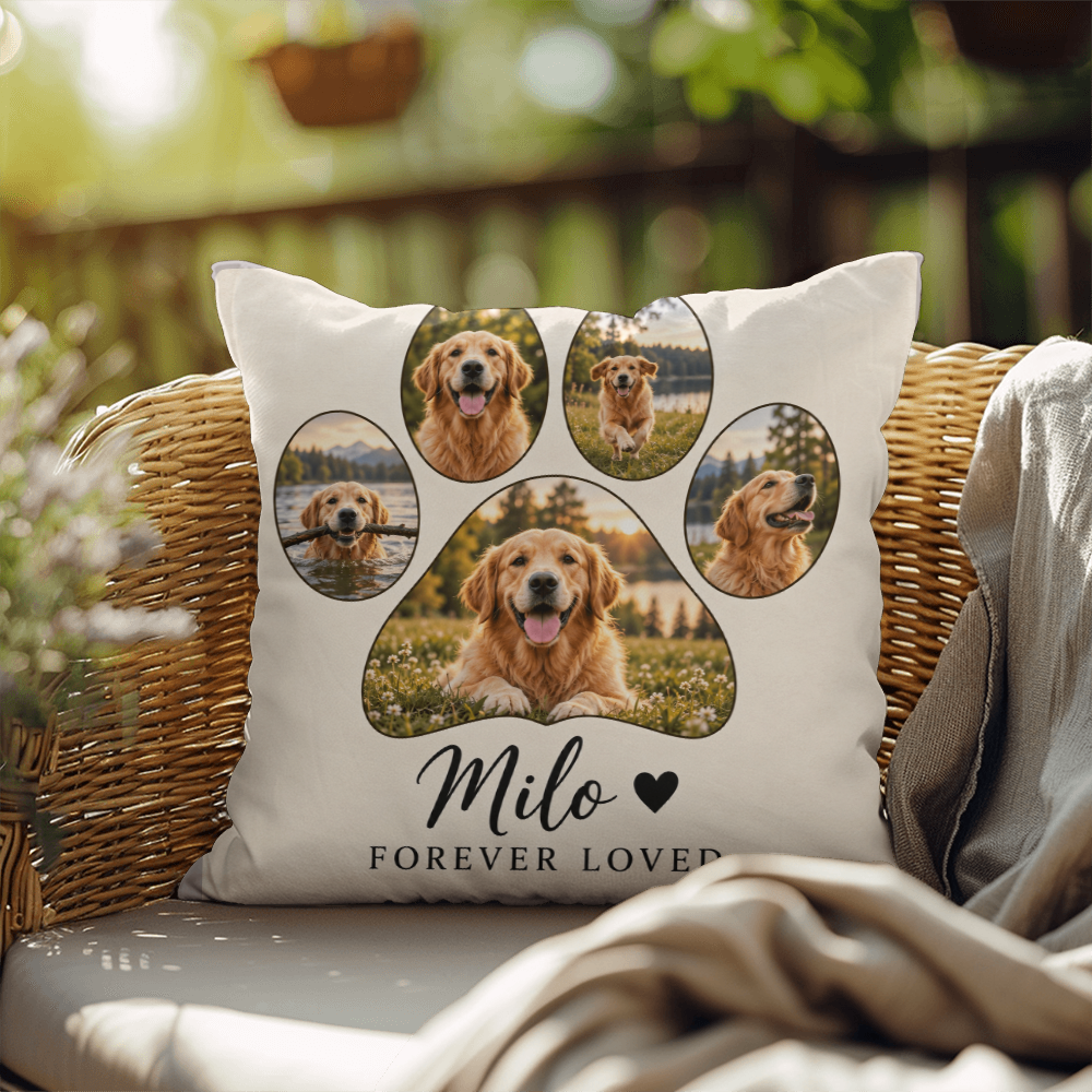 Personalized Pet Photo Pillow – Custom Paw Print & Pet Name Keepsake