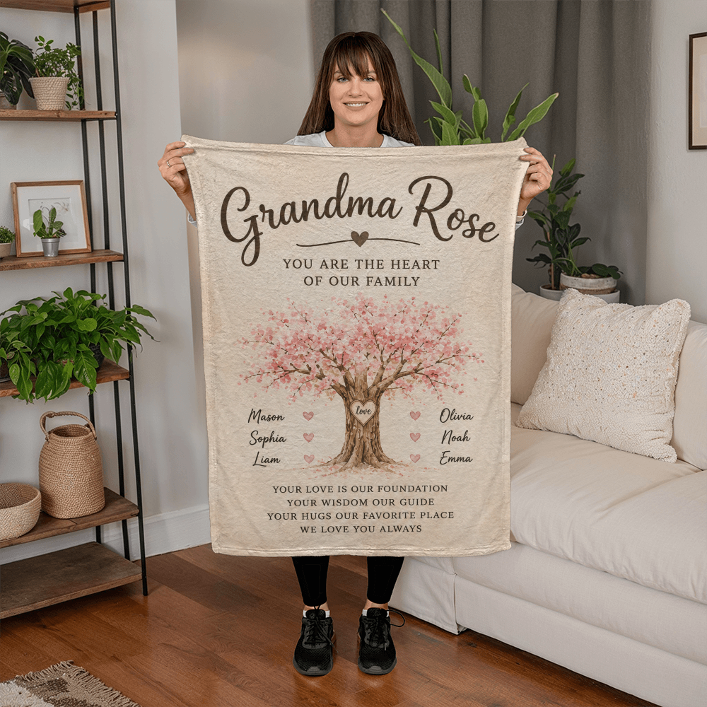 Grandma, You Are the Heart of Our Family – Personalized Grandchildren Name Blanket