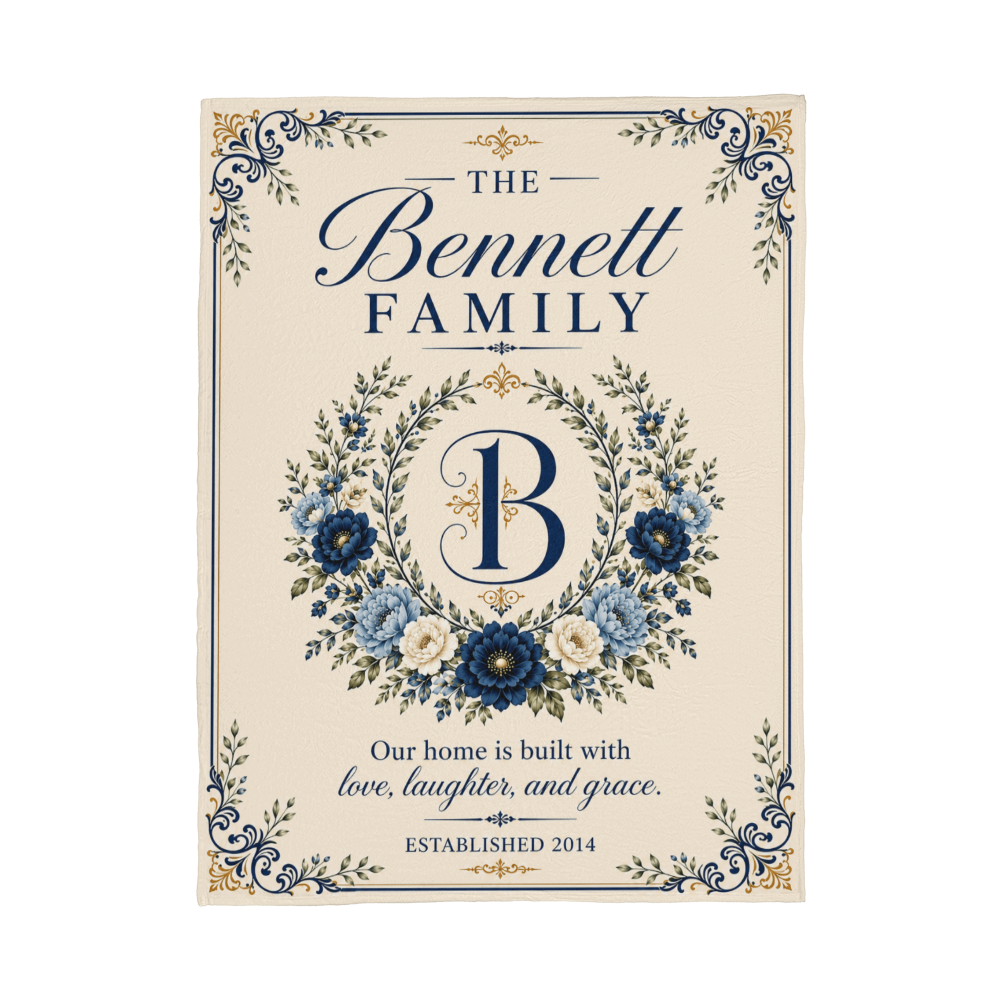 Personalized Family Name & Established Date Blanket – Custom Monogram Floral Family Blanket