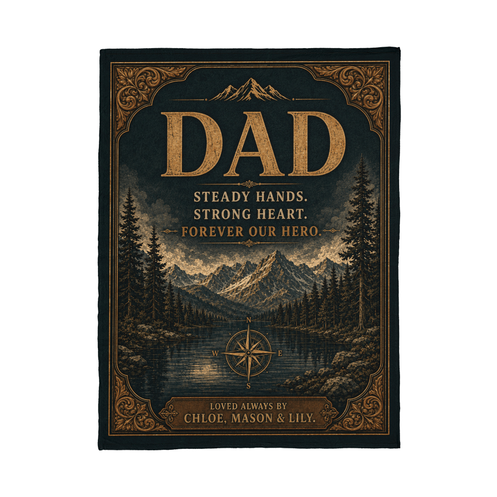 Personalized Dad Blanket – “Steady Hands, Strong Heart, Forever Our Hero” Custom Kids Name Blanket