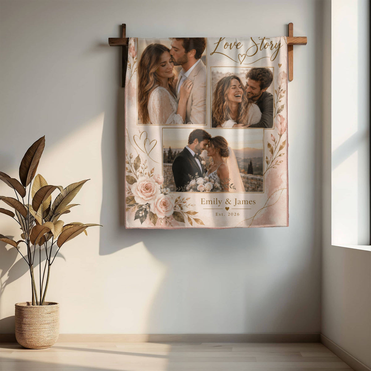 Personalized Couples Photo Blanket hanging from a wooden wall rail