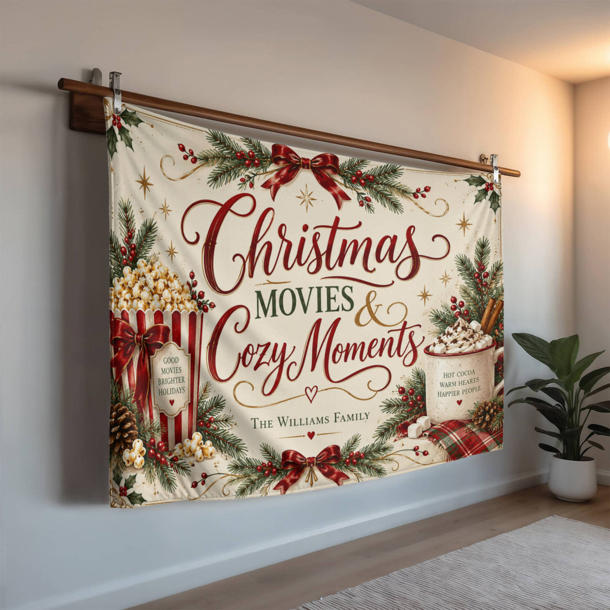 Personalized Christmas Movies and Cozy Moments family blanket displayed hanging on a wall, showing the sample Williams family name.