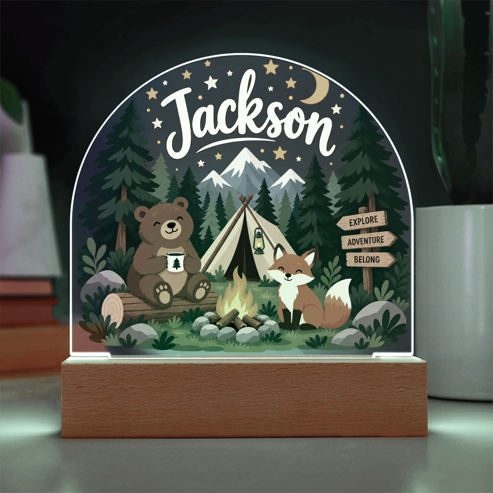 Personalized Woodland Camping LED Night Light – Custom Name Acrylic Plaque for Kids