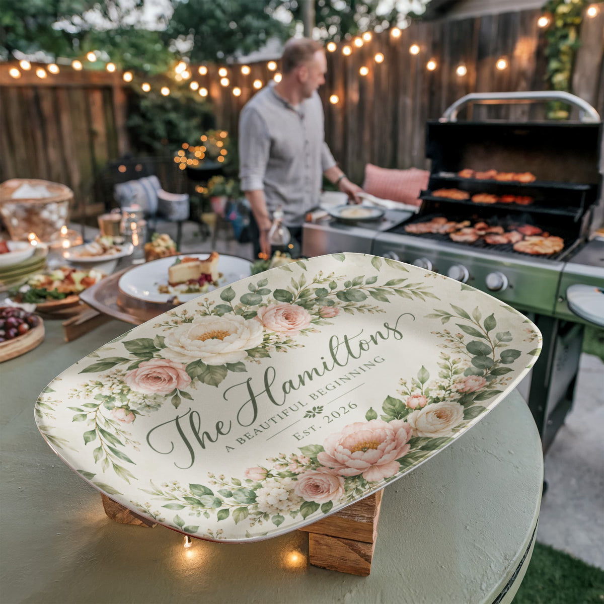 Personalized Floral Family Name Serving Platter – Custom Established Year Wedding & Housewarming Gift