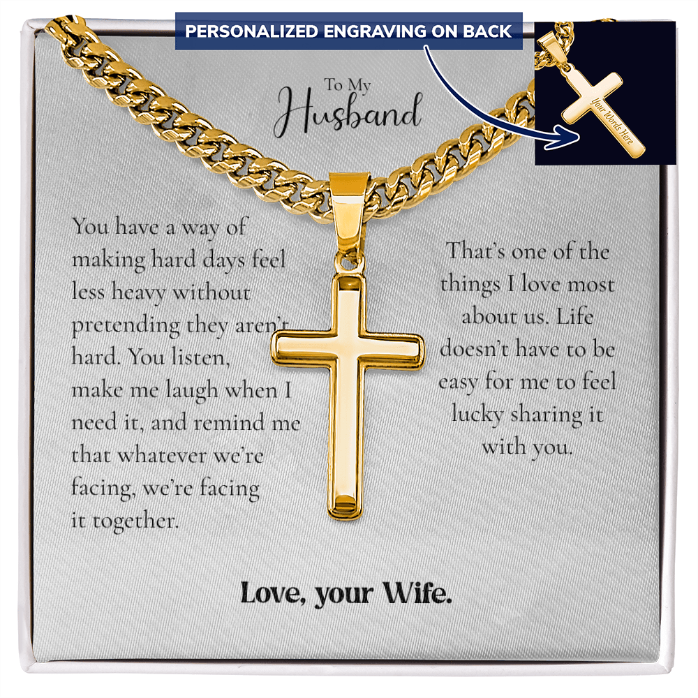 To My Husband Cross Necklace From Wife – Whatever We Face, We Face Together | Personalized Engraving Gift