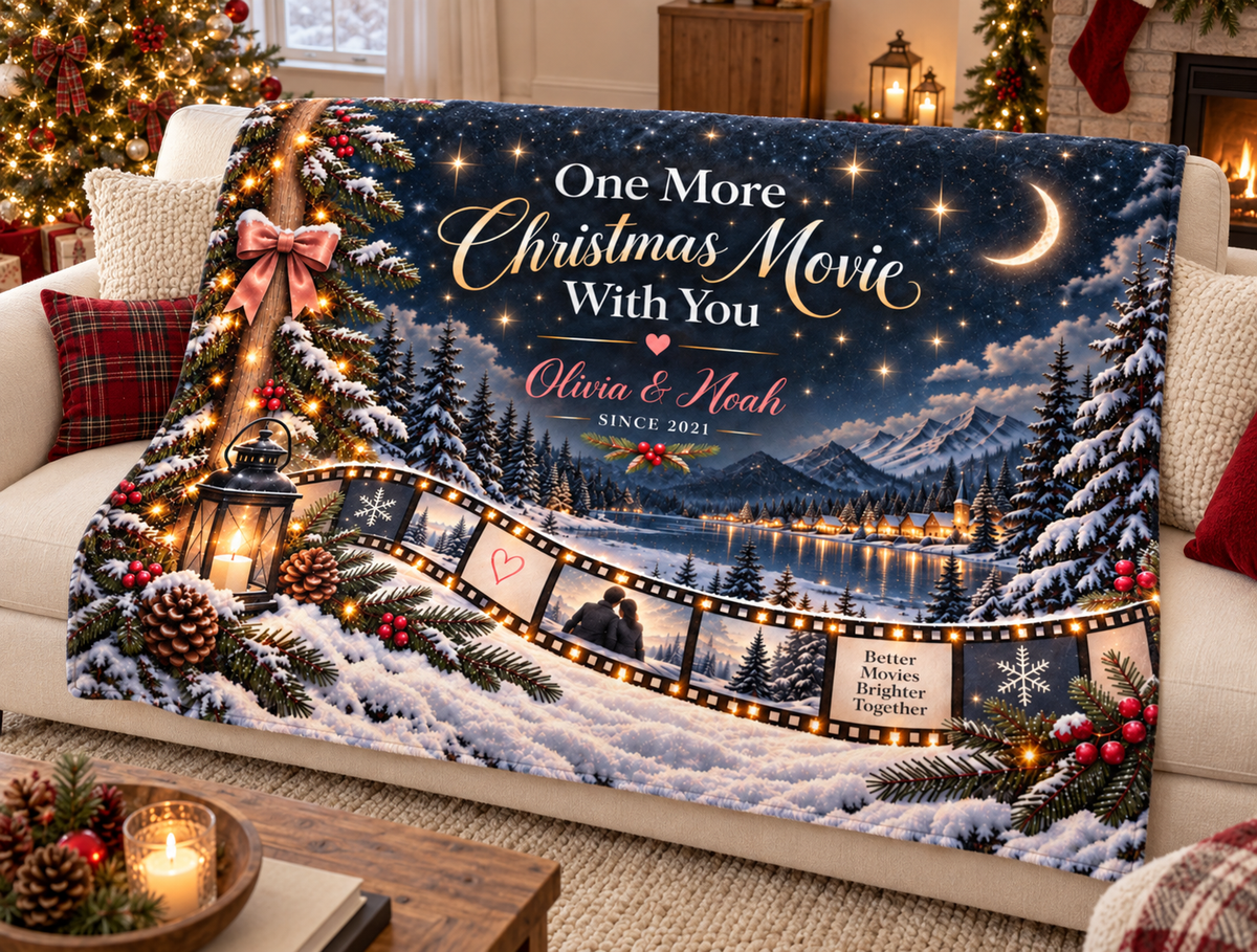 Personalized One More Christmas Movie With You fleece blanket draped over a sofa in a cozy Christmas living room
