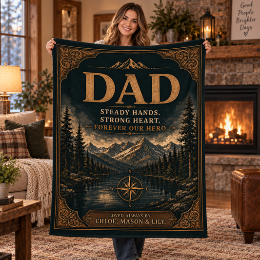 Personalized Dad Blanket – “Steady Hands, Strong Heart, Forever Our Hero” Custom Kids Name Blanket