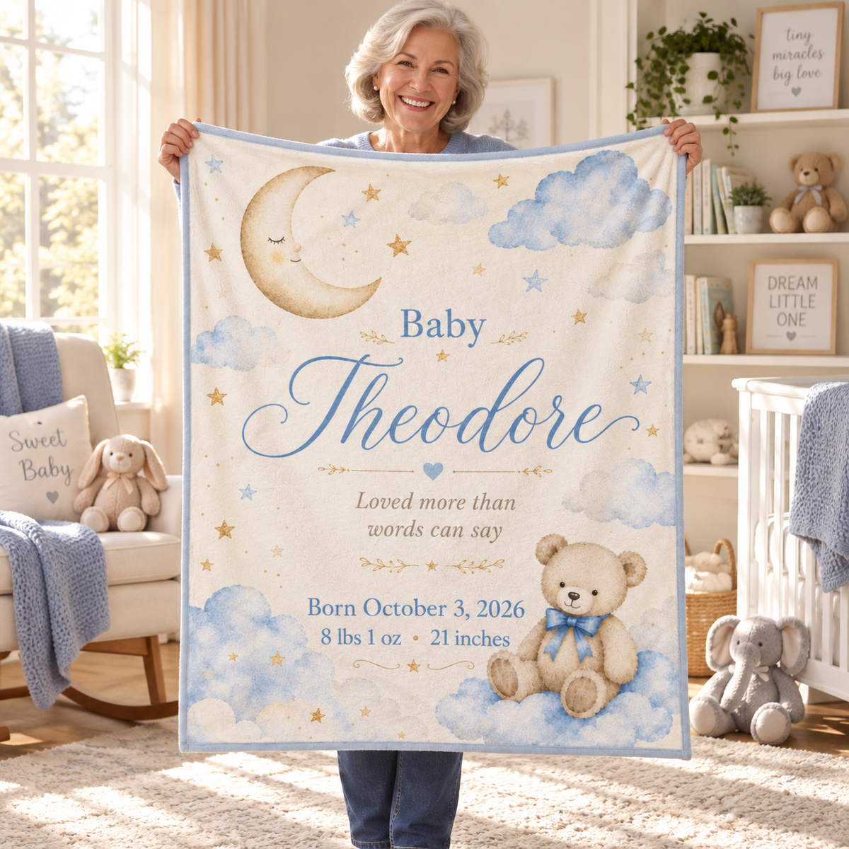 Personalized Baby Name & Birth Stats Blanket – Custom Moon, Cloud & Teddy Bear Baby Blanket