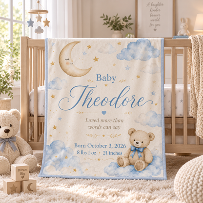 Personalized Baby Name & Birth Stats Blanket – Custom Moon, Cloud & Teddy Bear Baby Blanket