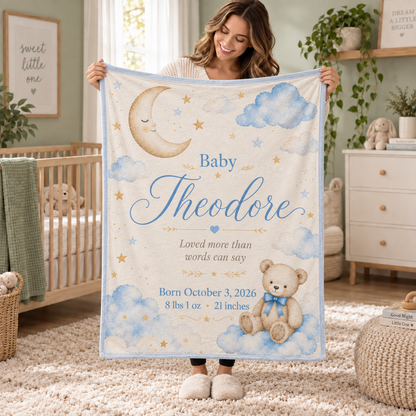Personalized Baby Name & Birth Stats Blanket – Custom Moon, Cloud & Teddy Bear Baby Blanket