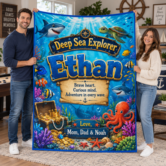 Deep Sea Explorer Personalized Ocean Adventure Blanket for Boys