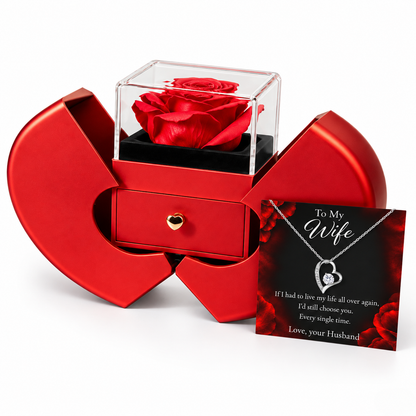 To My Wife Forever Love Necklace with Everlasting Rose Heart Gift Box