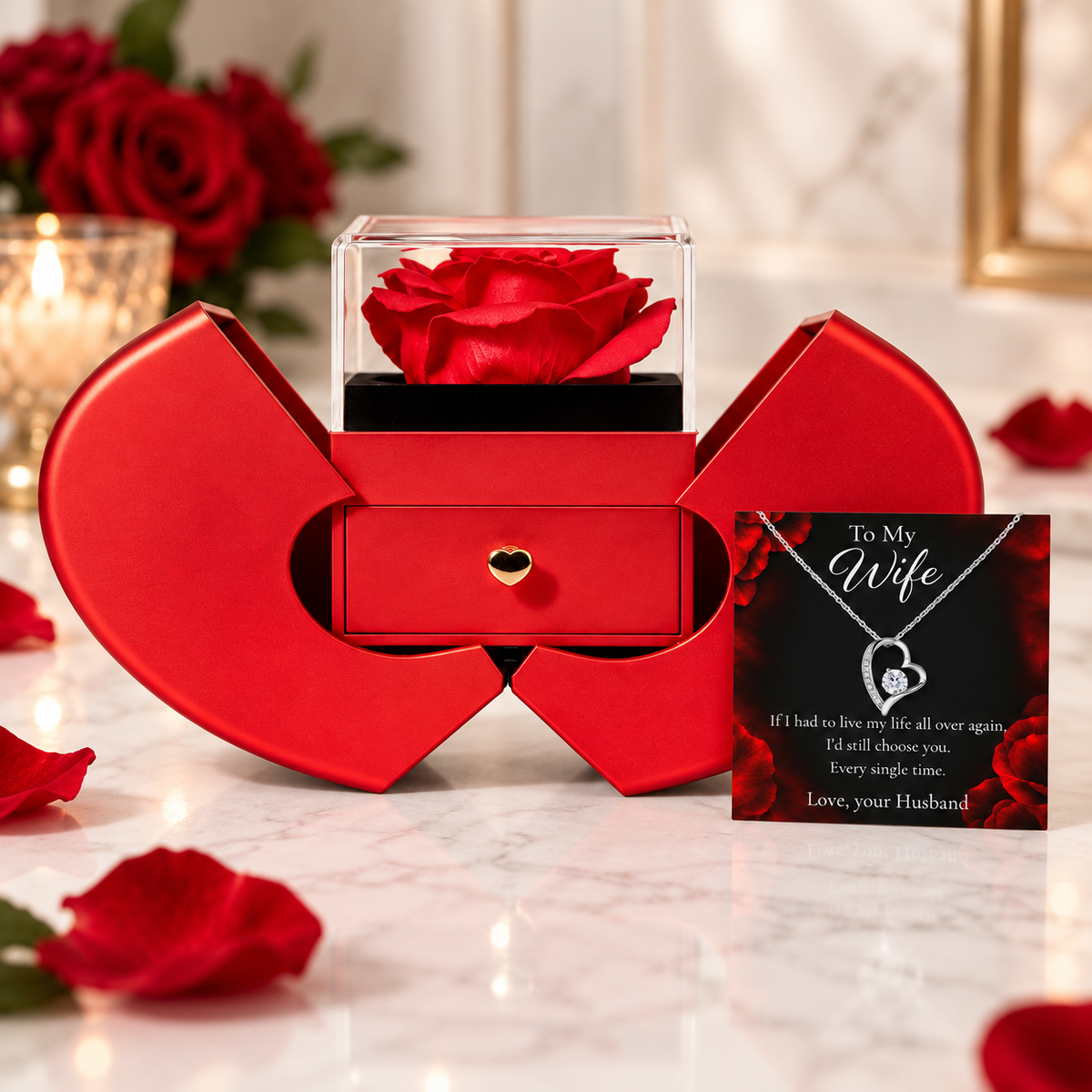 To My Wife Forever Love Necklace with Everlasting Rose Heart Gift Box