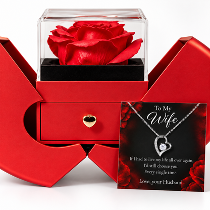 To My Wife Forever Love Necklace with Everlasting Rose Heart Gift Box