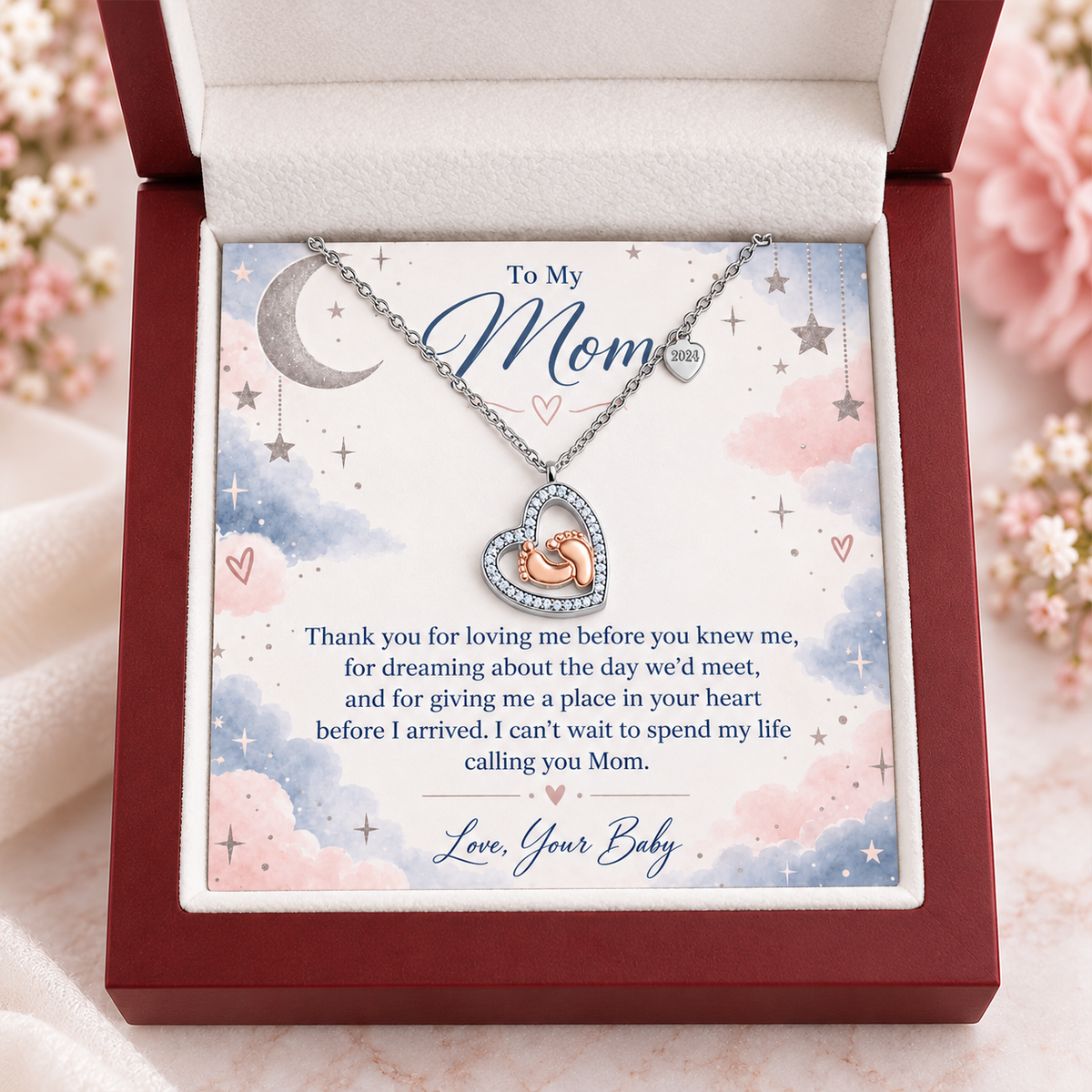 To My Mom – Loved Before We Met Baby Feet Heart Necklace | Gift for Expecting Mom From Baby