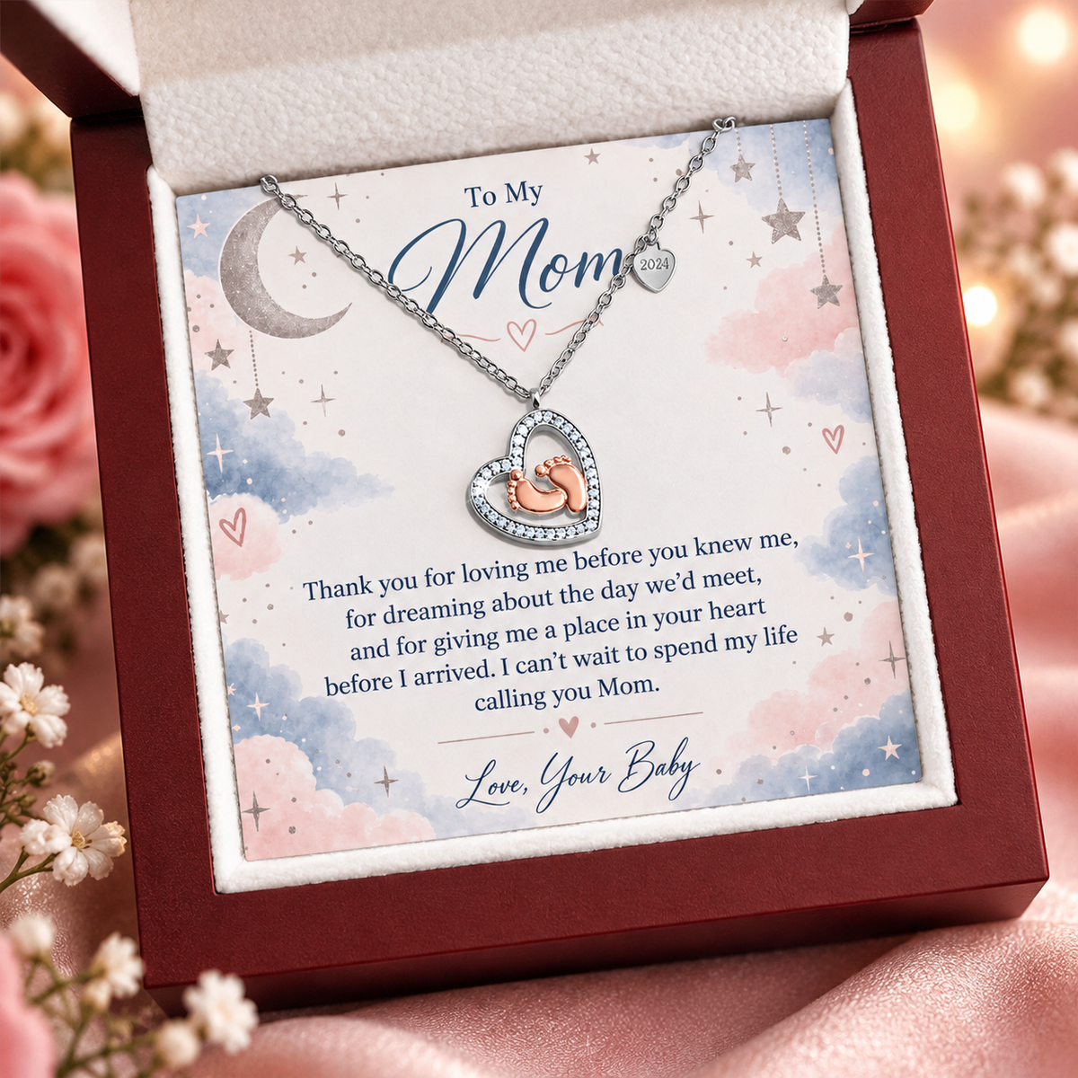 To My Mom – Loved Before We Met Baby Feet Heart Necklace | Gift for Expecting Mom From Baby