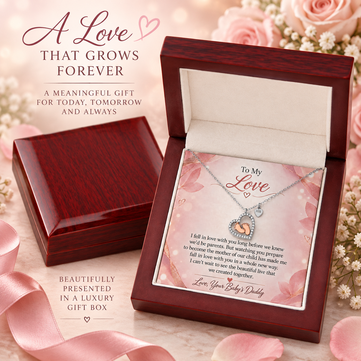 To My Love – Falling in Love With You All Over Again Baby Feet Heart Necklace | Pregnancy Gift From Dad-to-Be