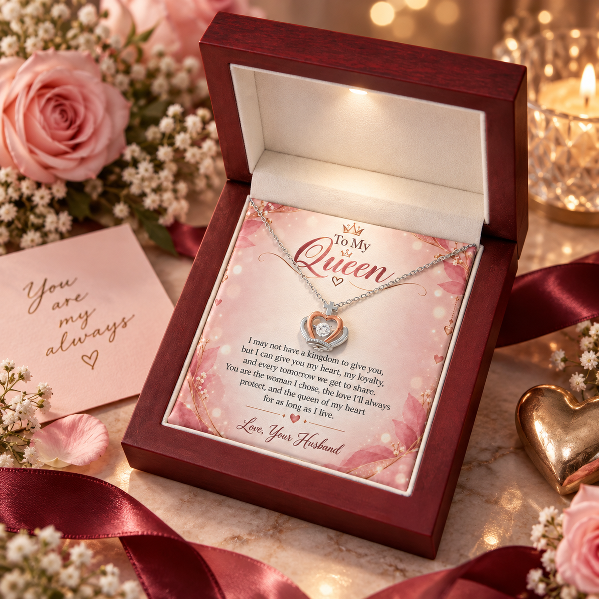 To My Queen – Crown Pendant Necklace with LED Luxury Gift Box | Romantic Gift for Wife From Husband