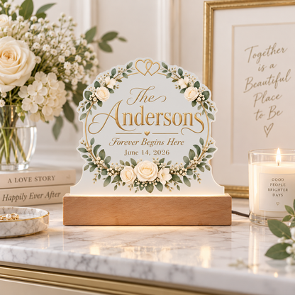 Personalized Wedding LED Acrylic Plaque – Forever Begins Here