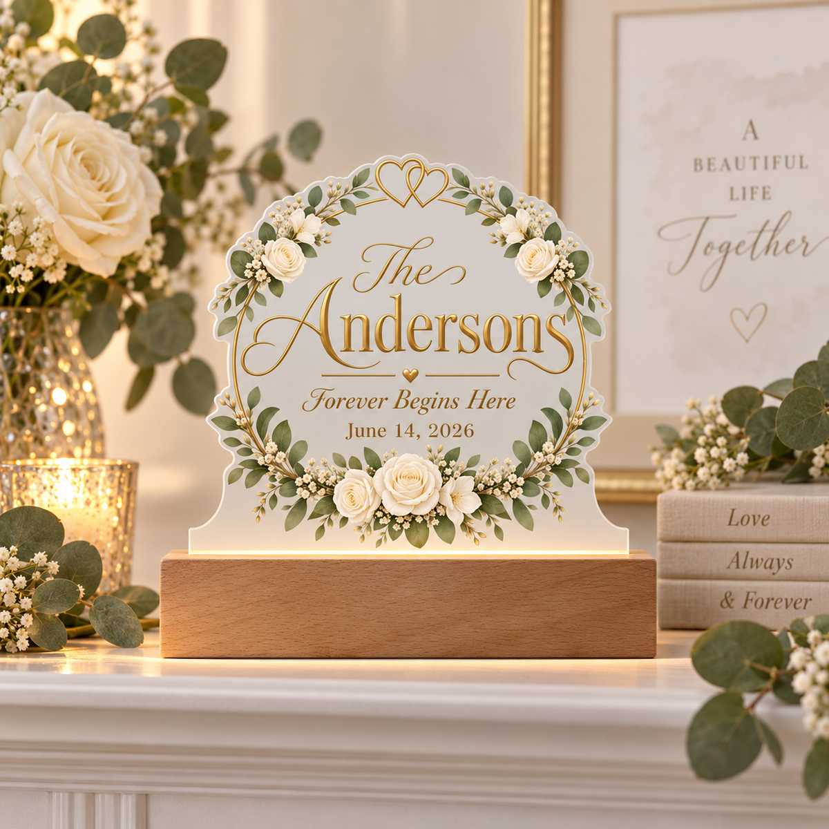 Personalized Wedding LED Acrylic Plaque – Forever Begins Here
