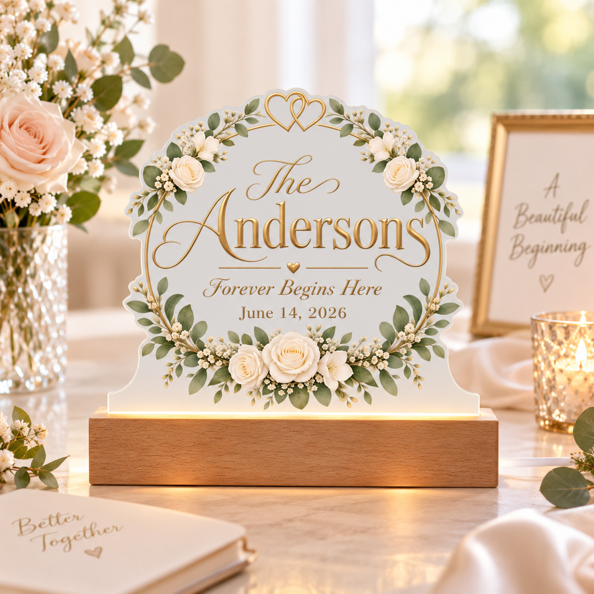 Personalized Wedding LED Acrylic Plaque – Forever Begins Here