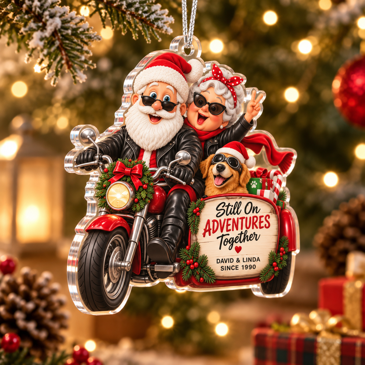 Personalized Still on Adventures Together Christmas Ornament – Motorcycle Couple & Dog Keepsake