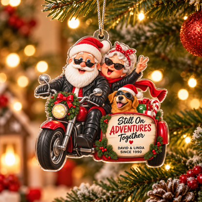 Personalized Still on Adventures Together Christmas Ornament – Motorcycle Couple & Dog Keepsake