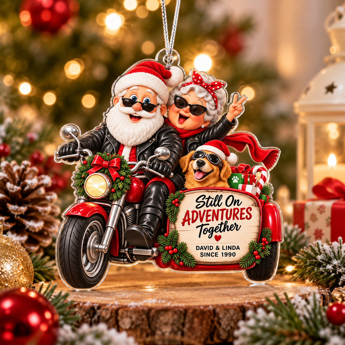 Personalized Still on Adventures Together Christmas Ornament – Motorcycle Couple & Dog Keepsake