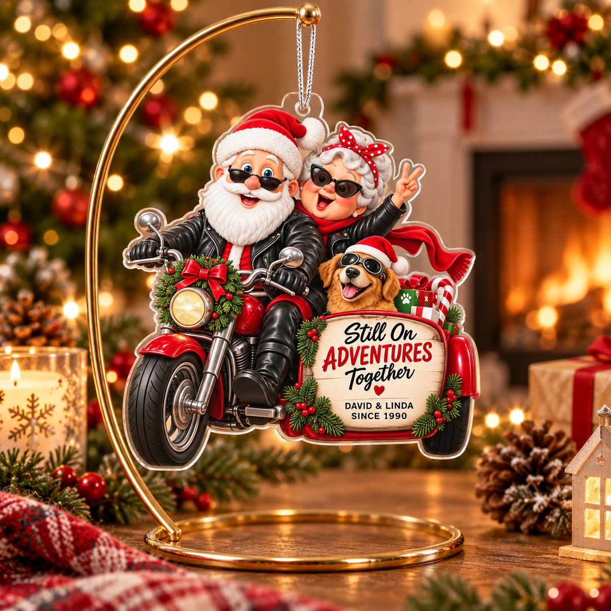Personalized Still on Adventures Together Christmas Ornament – Motorcycle Couple & Dog Keepsake