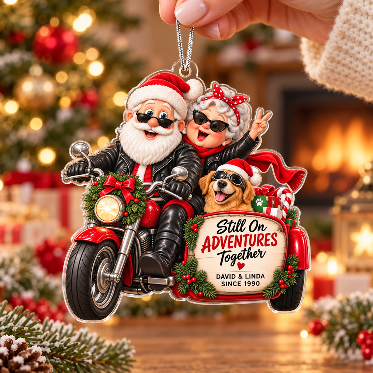 Personalized Still on Adventures Together Christmas Ornament – Motorcycle Couple & Dog Keepsake
