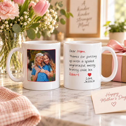 Funny Personalized Photo Mug for Mom – Custom Photo & Names – Dear Mom Thanks for Putting Up With My Sibling Mug