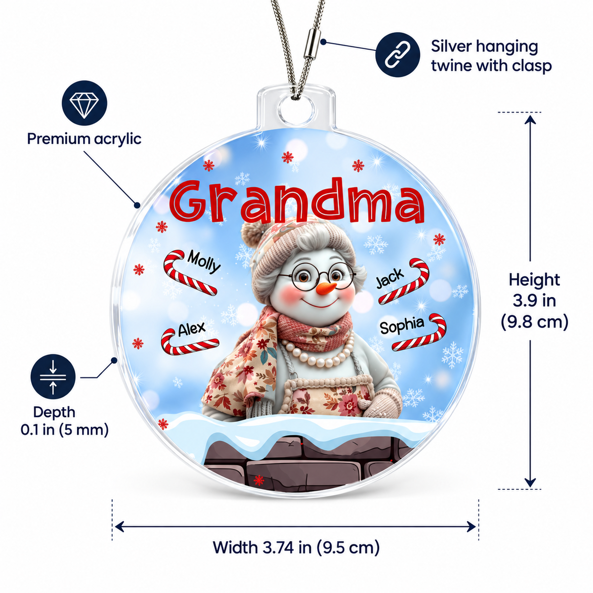 Personalized Grandma Snowman Christmas Ornament – Grandkids' Names & Candy Canes