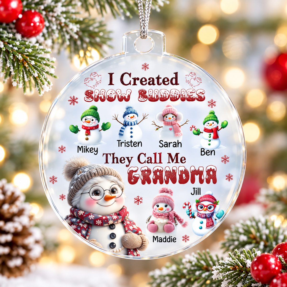Personalized Grandma Ornament with Snow Buddies – Choose 1–7 Grandkids & Custom Names