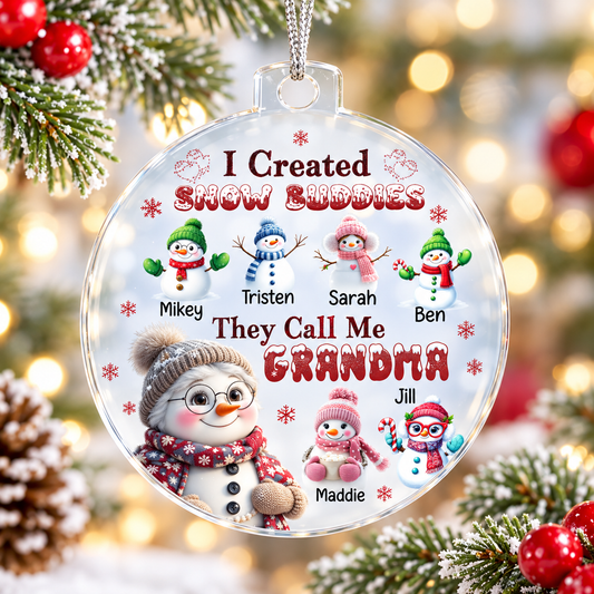 Personalized Grandma Ornament with Snow Buddies – Choose 1–7 Grandkids & Custom Names