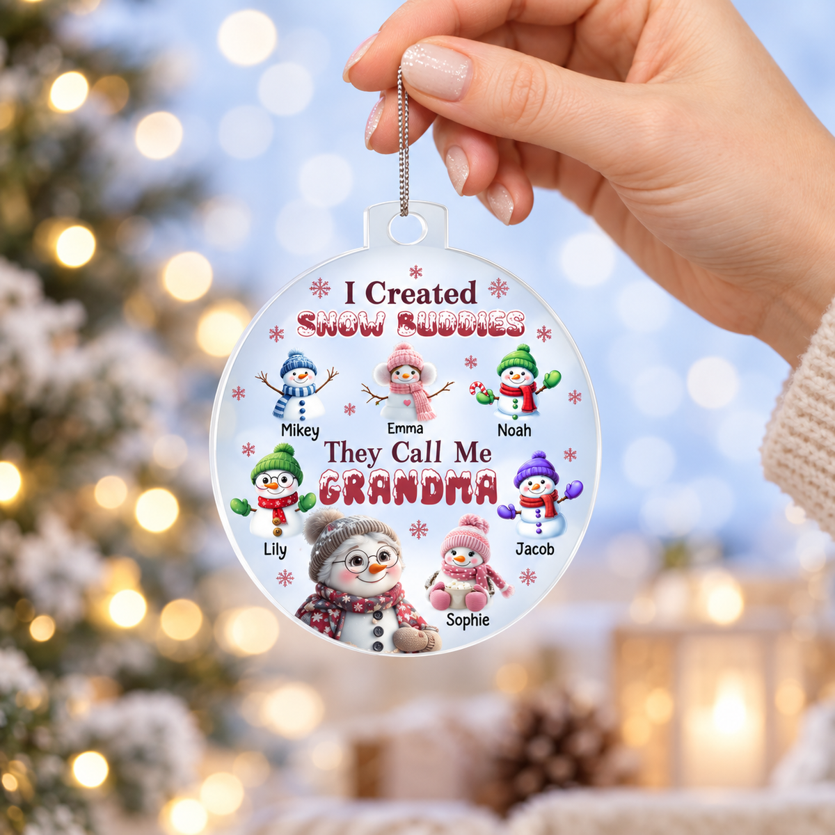 Personalized Grandma Ornament with Snow Buddies – Choose 1–7 Grandkids & Custom Names