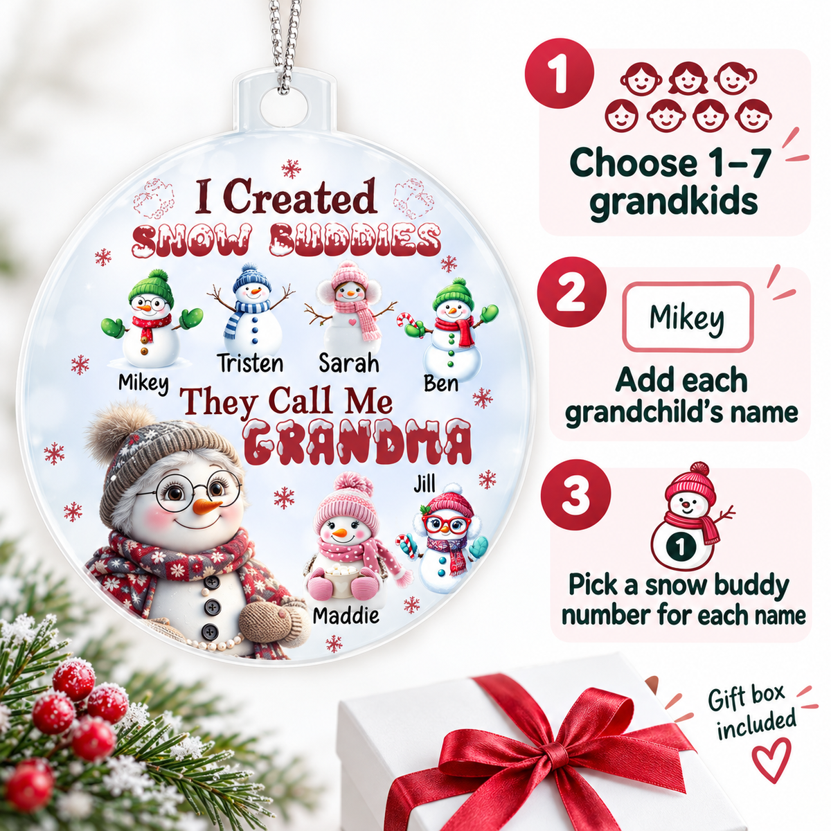 Personalized Grandma Ornament with Snow Buddies – Choose 1–7 Grandkids & Custom Names