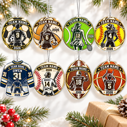 Personalized Sports Christmas Ornament – Custom Team Name, Player Name & Number | 8 Sports