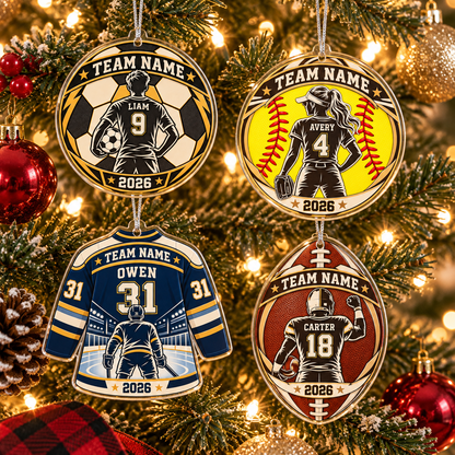 Personalized Sports Christmas Ornament – Custom Team Name, Player Name & Number | 8 Sports