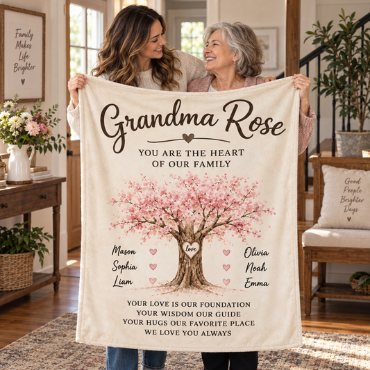 Grandma, You Are the Heart of Our Family – Personalized Grandchildren Name Blanket
