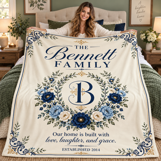 Personalized Family Name & Established Date Blanket – Custom Monogram Floral Family Blanket