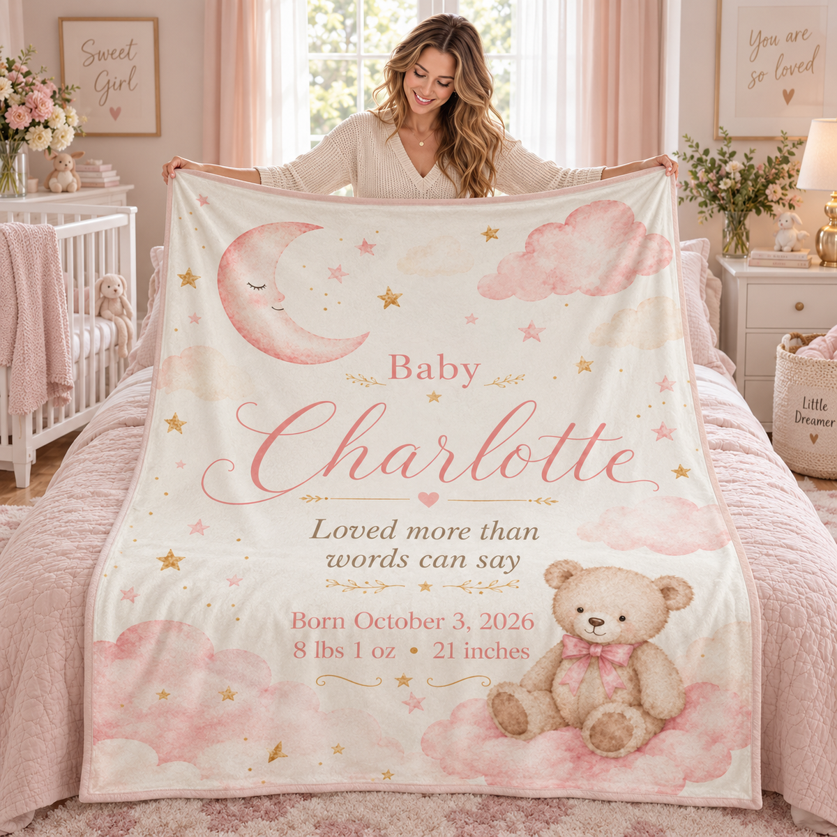 Personalized Baby Girl Name & Birth Stats Blanket – Custom Moon, Cloud & Teddy Bear Keepsake Blanket