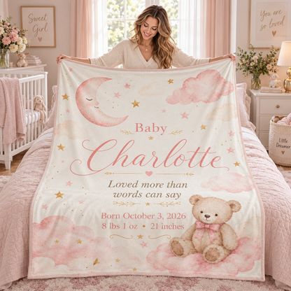 Personalized Baby Girl Name & Birth Stats Blanket – Custom Moon, Cloud & Teddy Bear Keepsake Blanket