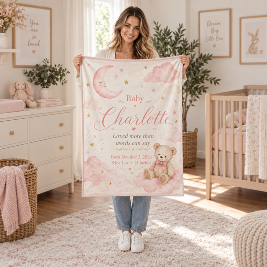 Personalized Baby Girl Name & Birth Stats Blanket – Custom Moon, Cloud & Teddy Bear Keepsake Blanket