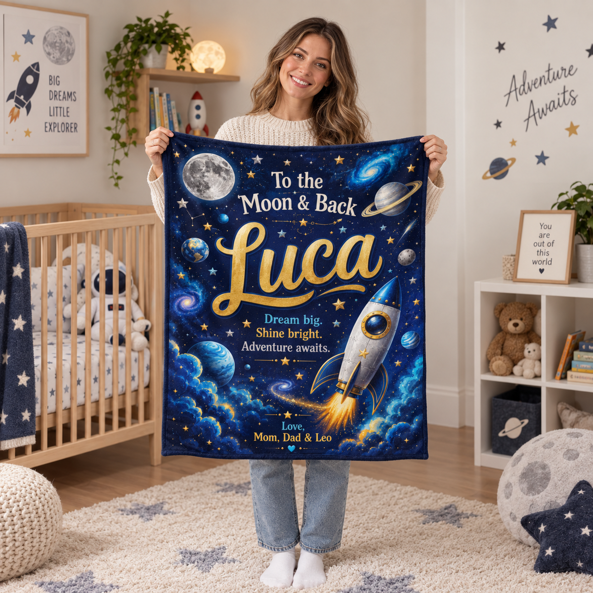 To the Moon & Back Personalized Space Adventure Blanket for Boys