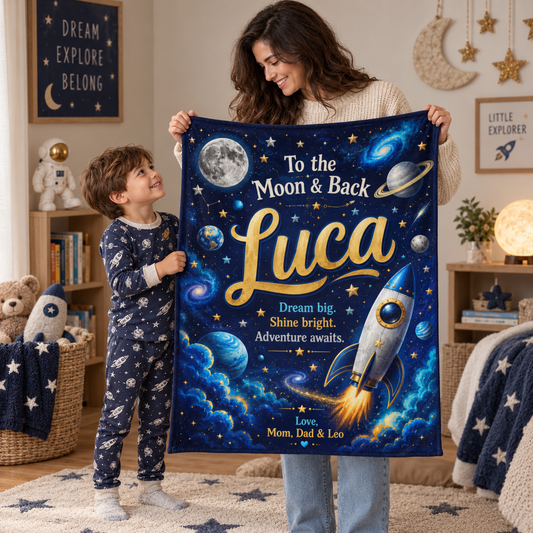To the Moon & Back Personalized Space Adventure Blanket for Boys