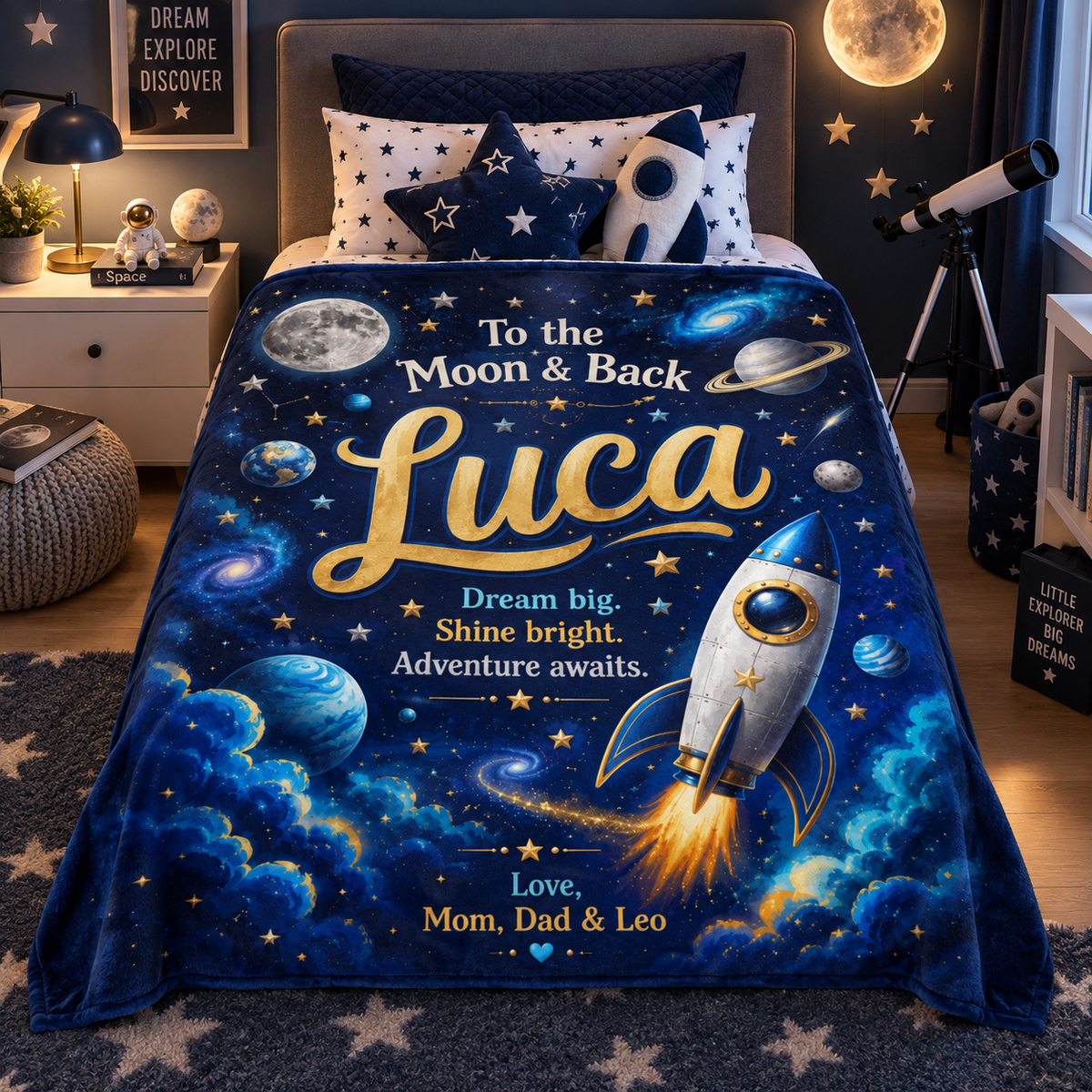 To the Moon & Back Personalized Space Adventure Blanket for Boys